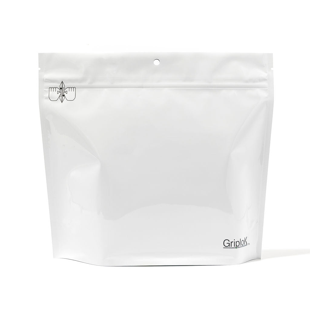 28g Glossy White Mylar Bag – CR Zipper with Hanger Hole - 800 Count ($0.38/unit) | 9” x 8” x 3” - Child Resistant