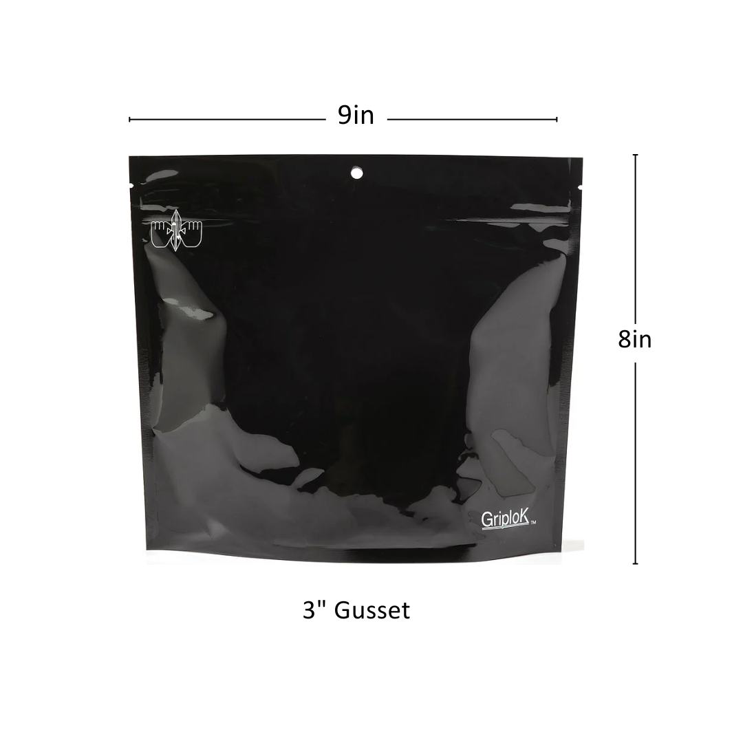 28g Glossy Black Mylar Bag – CR Zipper with Hanger Hole - 800 Count ($0.38/unit) | 9” x 8” x 3” - Child Resistant