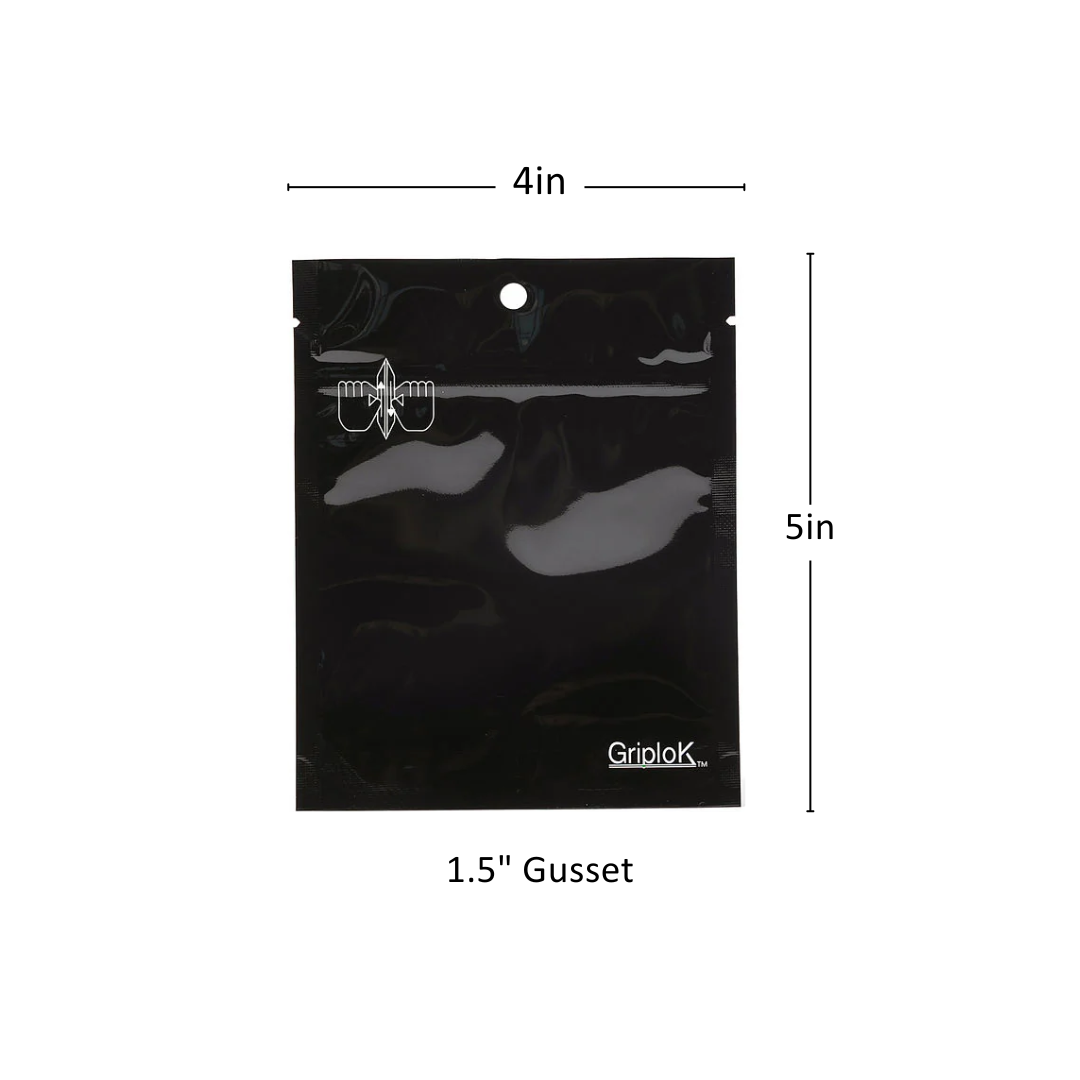 3.5g Glossy Black Mylar Bag – CR Zipper with Hanger Hole - 2400 Count ($0.22/unit) | 4” x 5” x 1.5” - Child Resistant