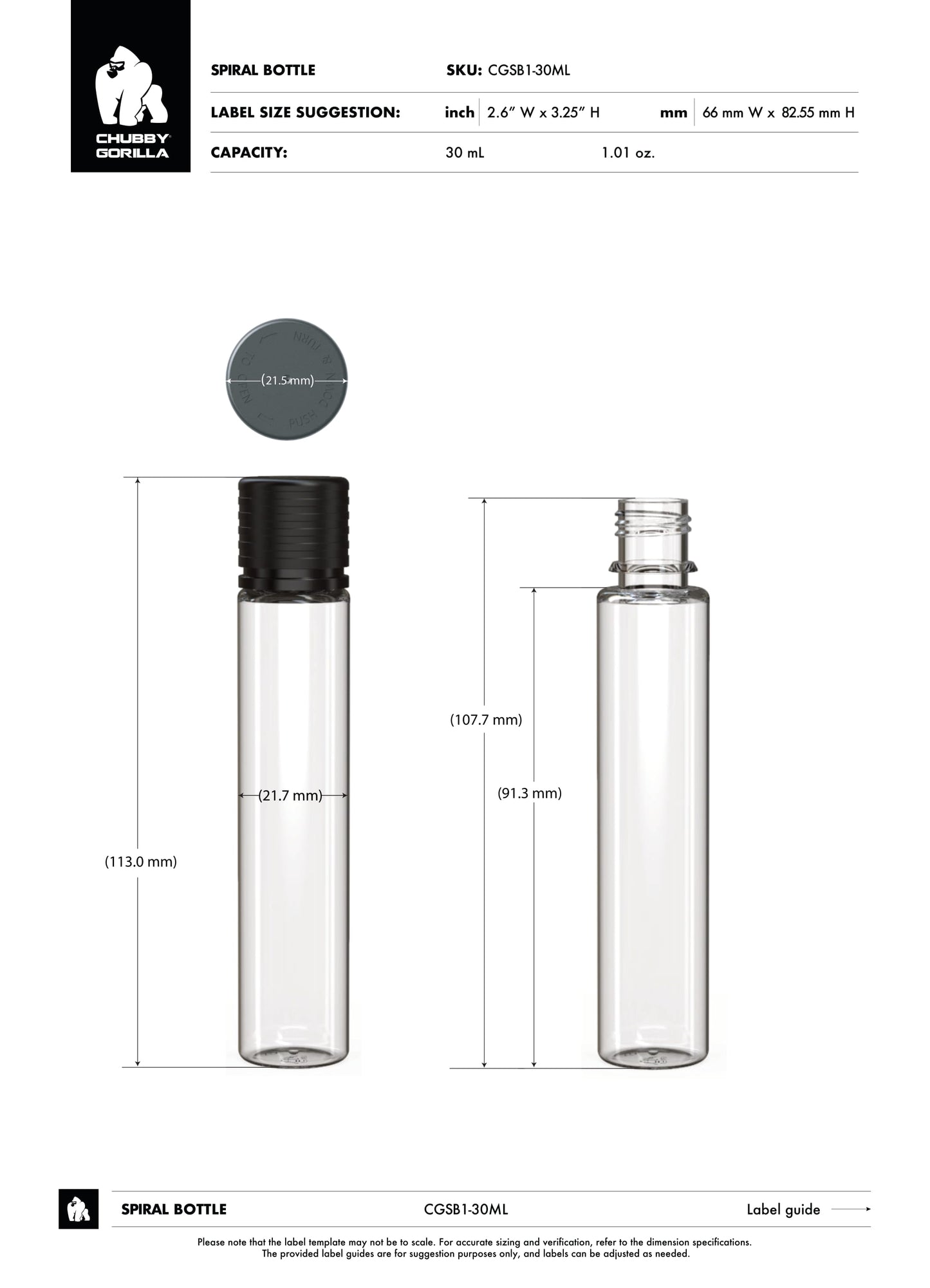 30ml Chubby Gorilla Spiral Bottle w/ Inner Seal & Tamper Evident Break-Off Band - 1000 Count ($0.3172/Unit)