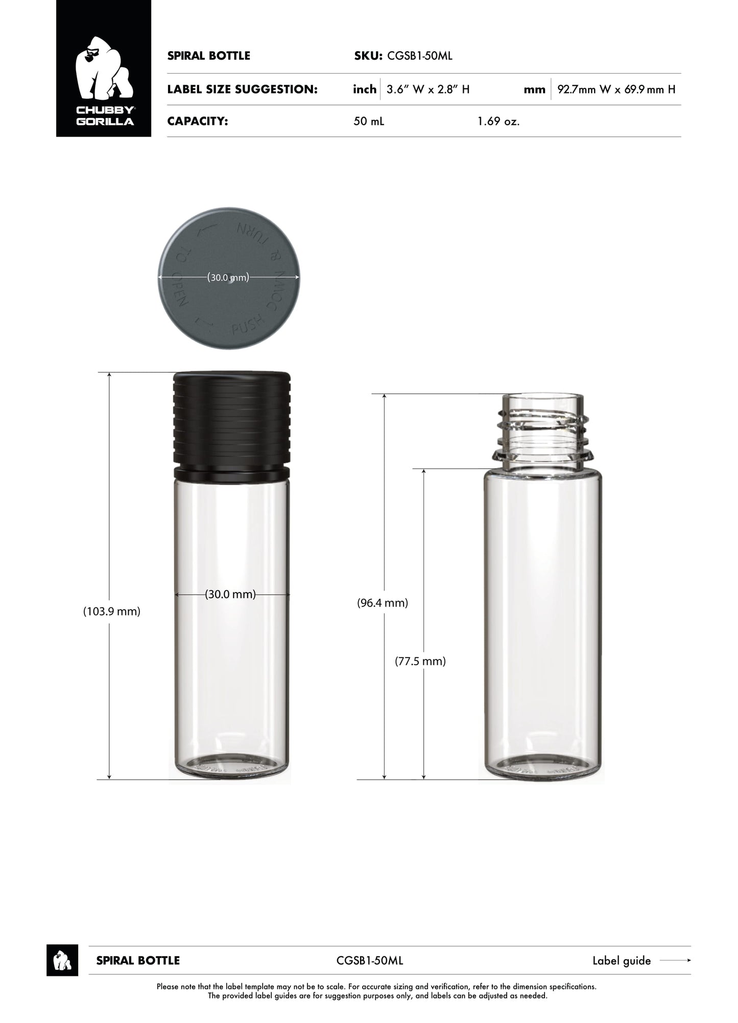 50ml Chubby Gorilla Spiral Bottle w/ Inner Seal & Tamper Evident Break-Off Band - 500 Count ($0.4452/Unit)