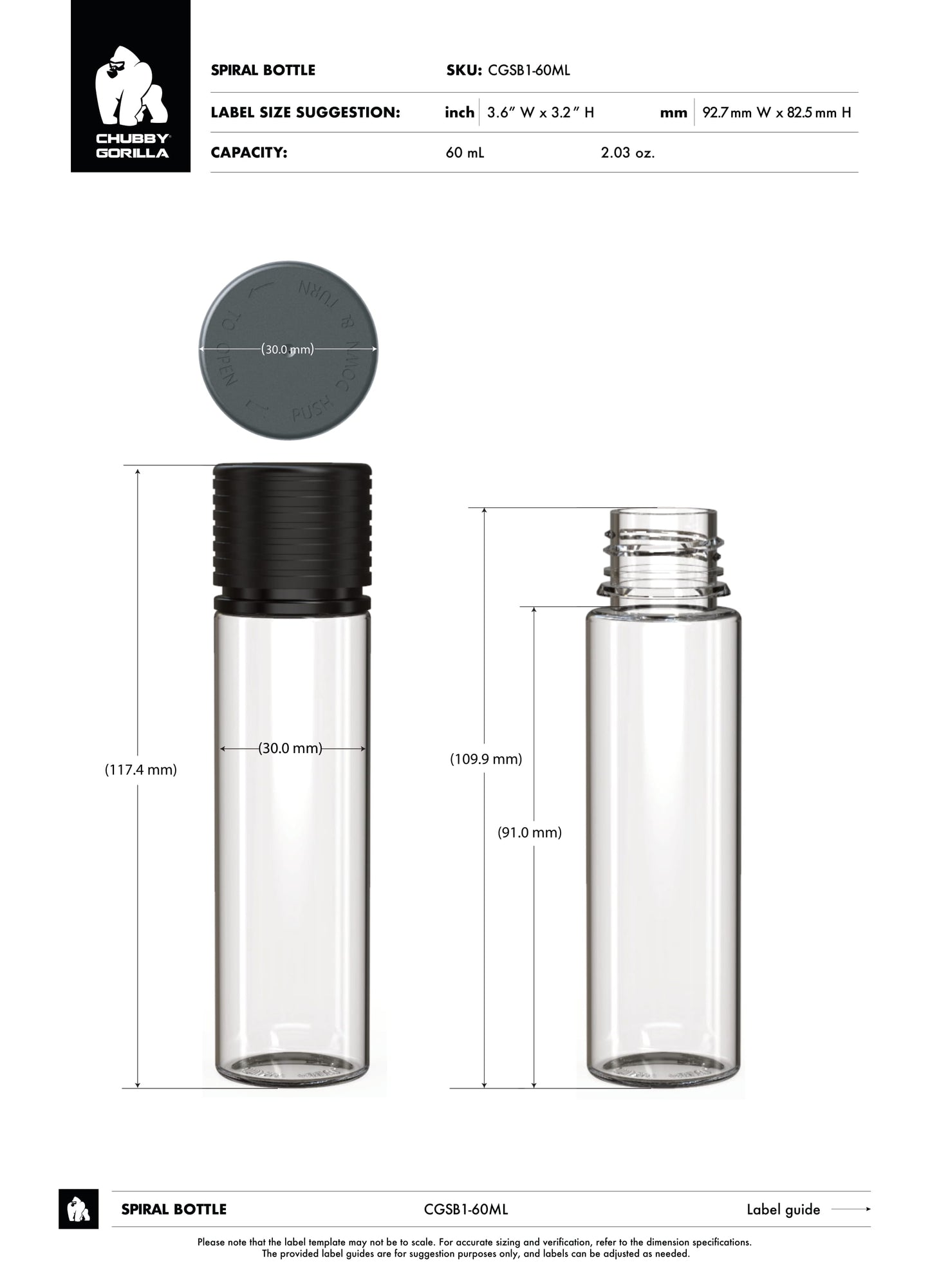 60ml Chubby Gorilla Spiral Bottle w/ Inner Seal & Tamper Evident Break-Off Band - 500 Count ($0.4452/Unit)