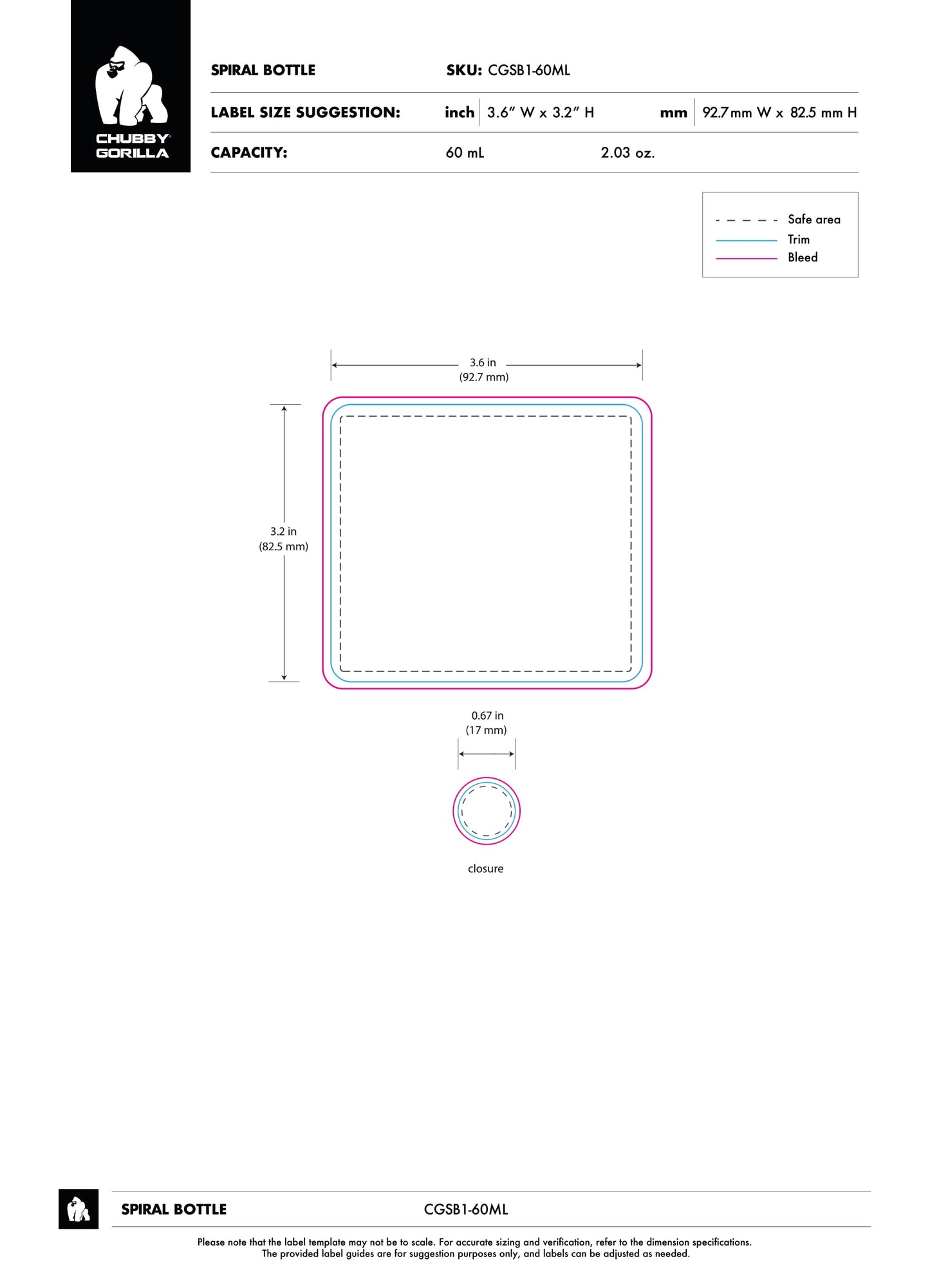 60ml Chubby Gorilla Spiral Bottle w/ Inner Seal & Tamper Evident Break-Off Band - 500 Count ($0.4452/Unit)