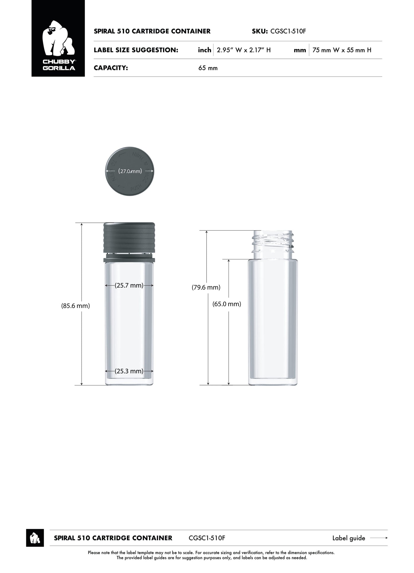 65mm Chubby Gorilla Spiral CR Cartridge Container, Flat Bottom w/ 510-Thread & Tamper Evident Band - 400 Count ($0.5064/Unit)