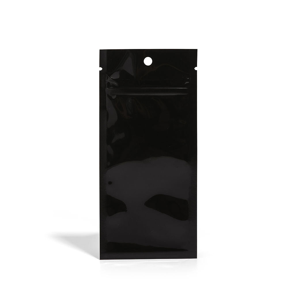 Glossy Black Mylar Vape Bag – CR Zipper with Hanger Hole - 3800 Count ($0.16/unit) | 2.5"x6" - Child Resistant