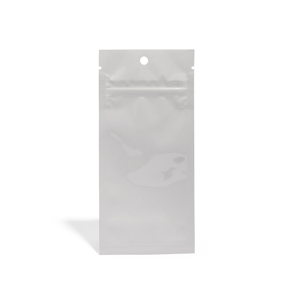 Glossy White Mylar Vape Bag – CR Zipper with Hanger Hole - 3800 Count ($0.16/unit) | 2.5"x6" - Child Resistant