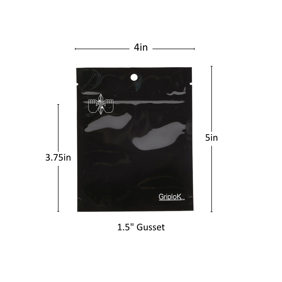 3.5g Glossy Black Mylar Bag – CR Zipper with Hanger Hole - 2400 Count ($0.22/unit) | 4” x 5” x 1.5” - Child Resistant