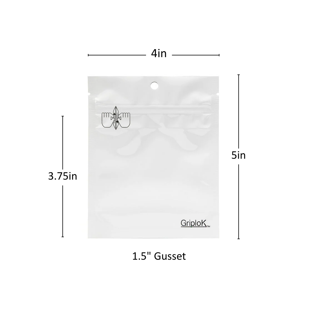3.5g Glossy White Mylar Bag – CR Zipper with Hanger Hole - 2400 Count ($0.22/unit) | 4” x 5” x 1.5” - Child Resistant