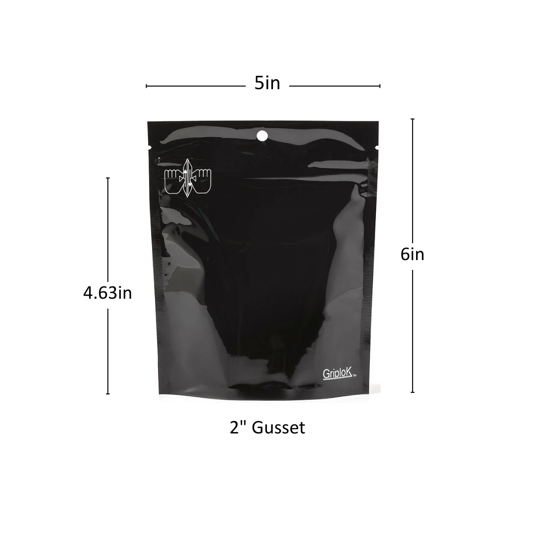 7g Glossy Black Mylar Bag – CR Zipper with Hanger Hole - 2000 Count ($0.27/unit) | 5” x 6” x 2” - Child Resistant