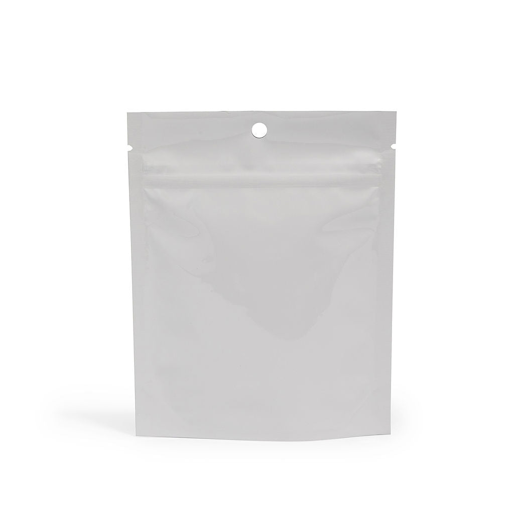 7g Glossy White Mylar Bag – CR Zipper with Hanger Hole - 2000 Count ($0.27/unit) | 5” x 6” x 2” - Child Resistant