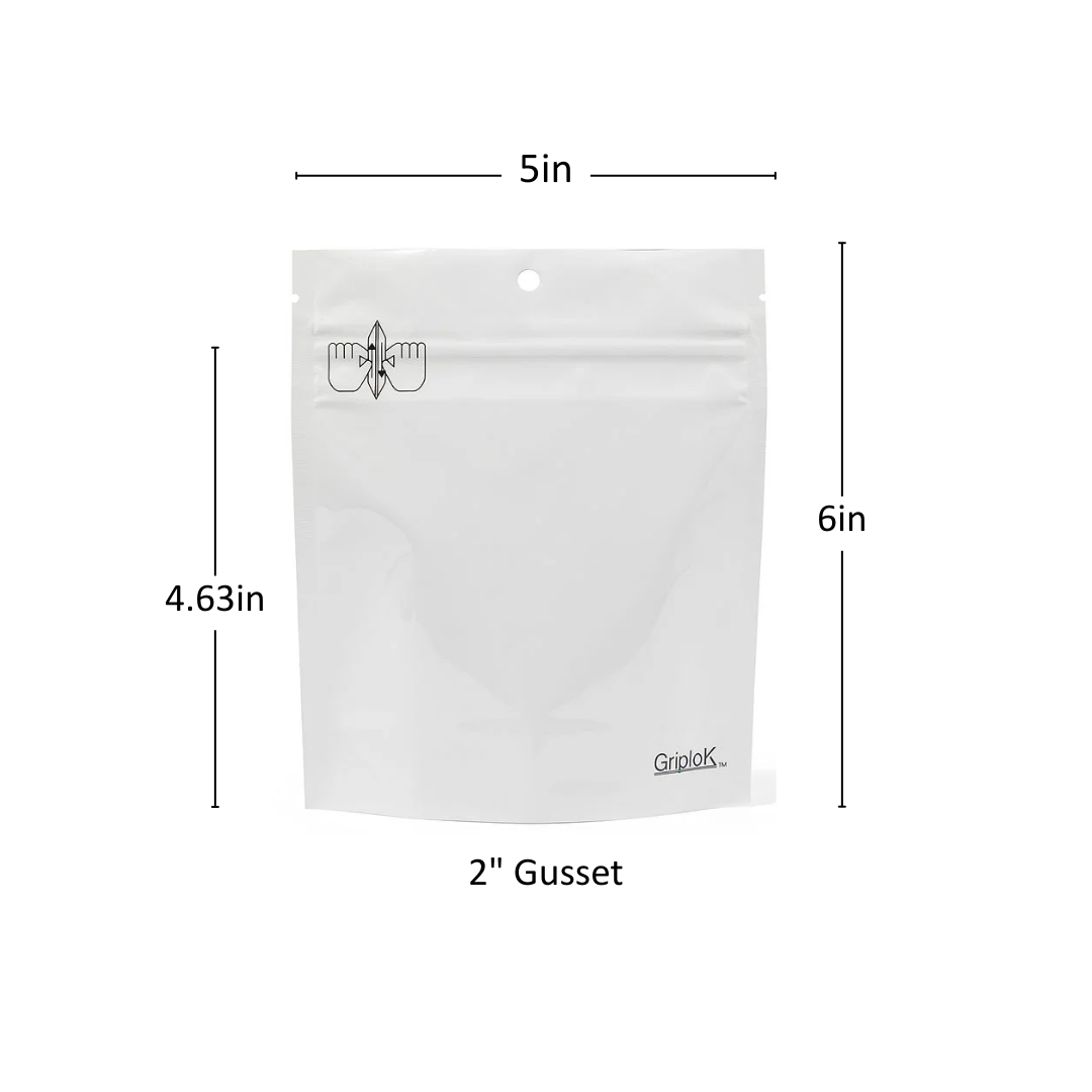 7g Glossy White Mylar Bag – CR Zipper with Hanger Hole - 2000 Count ($0.27/unit) | 5” x 6” x 2” - Child Resistant