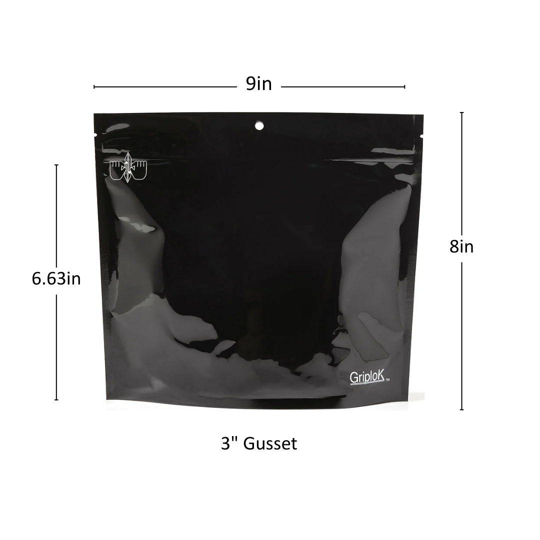 28g Glossy Black Mylar Bag – CR Zipper with Hanger Hole - 800 Count ($0.38/unit) | 9” x 8” x 3” - Child Resistant