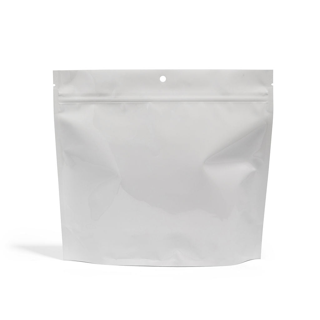 28g Glossy White Mylar Bag – CR Zipper with Hanger Hole - 800 Count ($0.38/unit) | 9” x 8” x 3” - Child Resistant