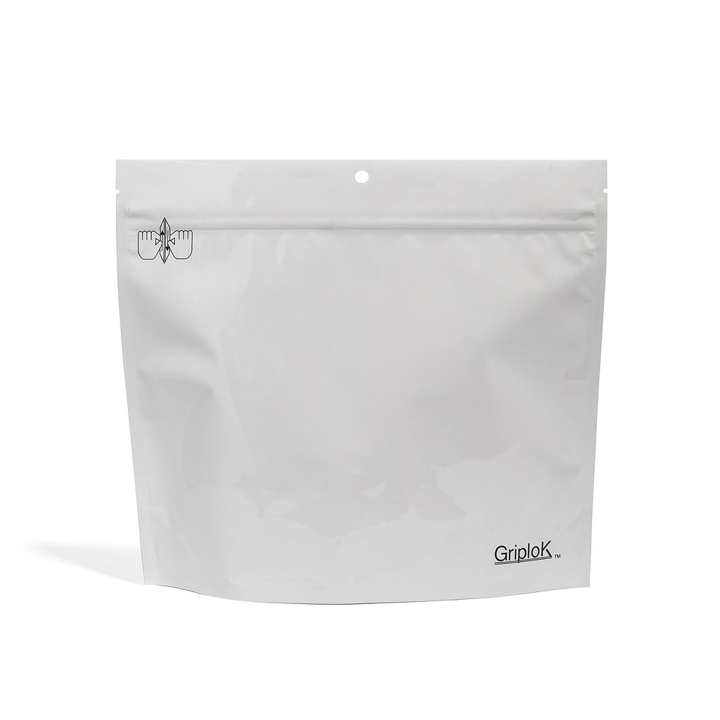 28g Glossy White Mylar Bag – CR Zipper with Hanger Hole - 800 Count ($0.38/unit) | 9” x 8” x 3” - Child Resistant