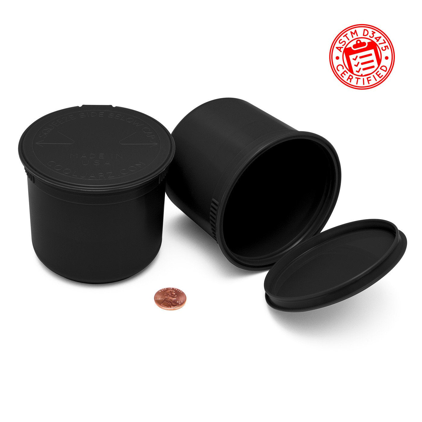 Opaque Black CoolJarz 90 Dram Child-Resistant Pop Tops (Comparison Picture)