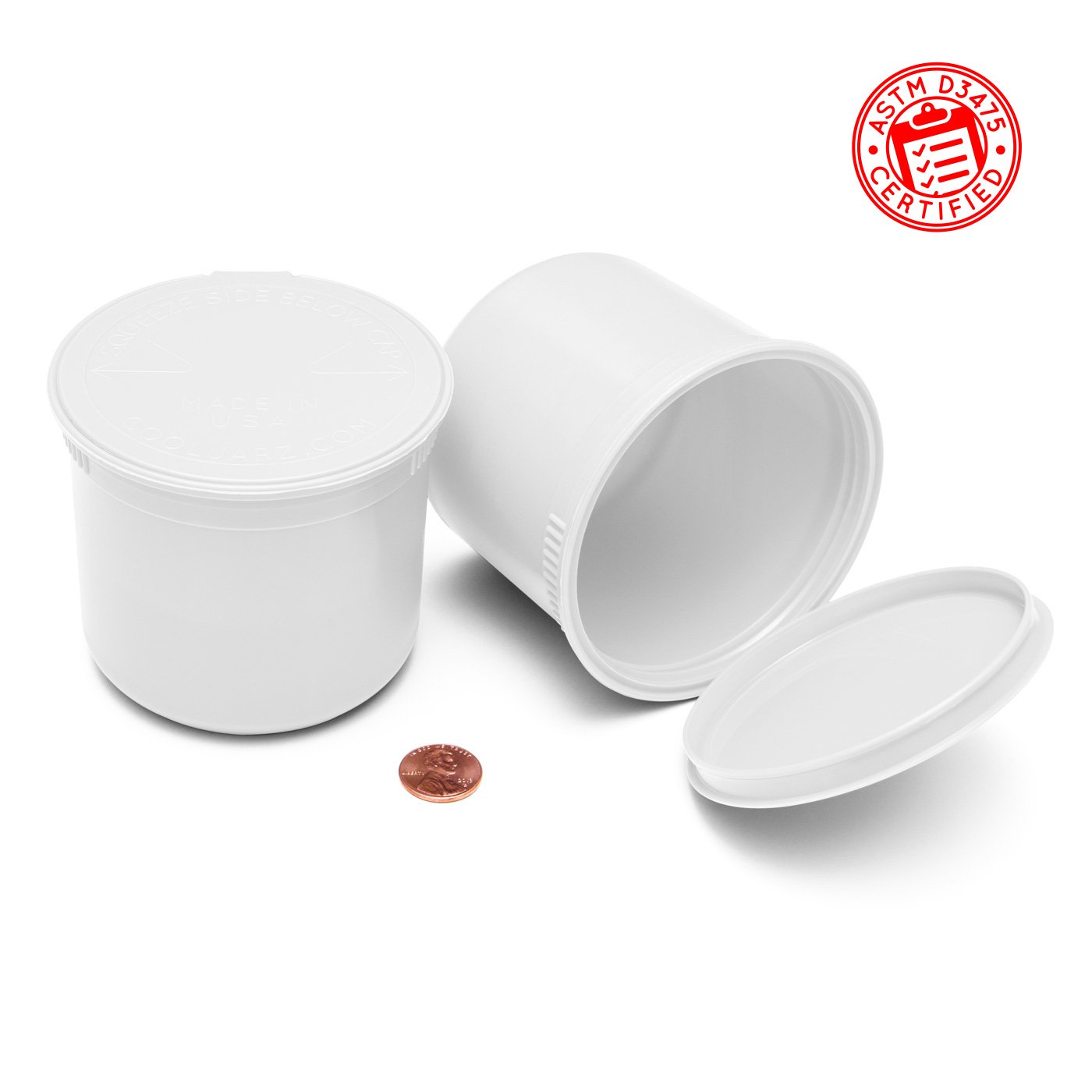 Opaque White CoolJarz 90 Dram Child-Resistant Pop Tops (Comparison Picture)