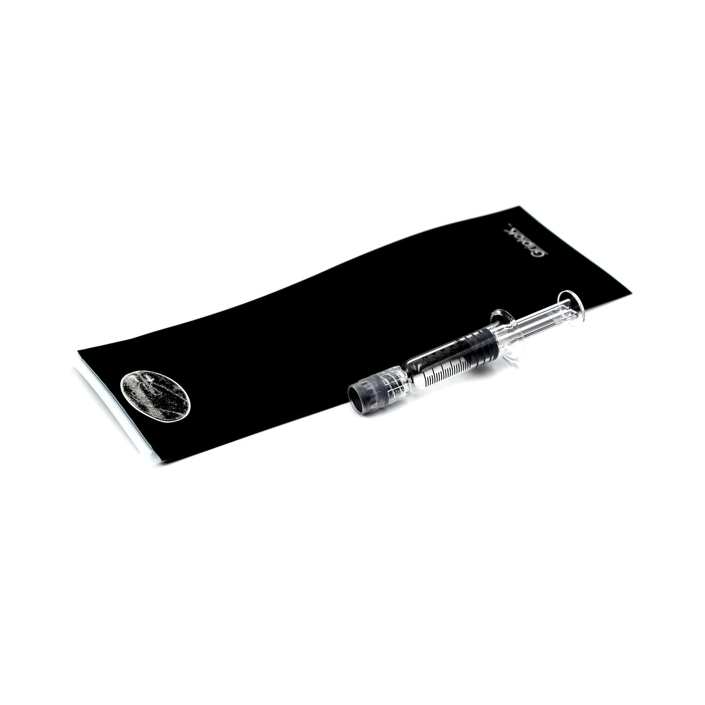 Black 2.5"x7" GriploK Exit Bag with 1ml Luer Lock Borosilicate Glass Syringe with Plastic & Silicone Plunger (Comparison Picture)