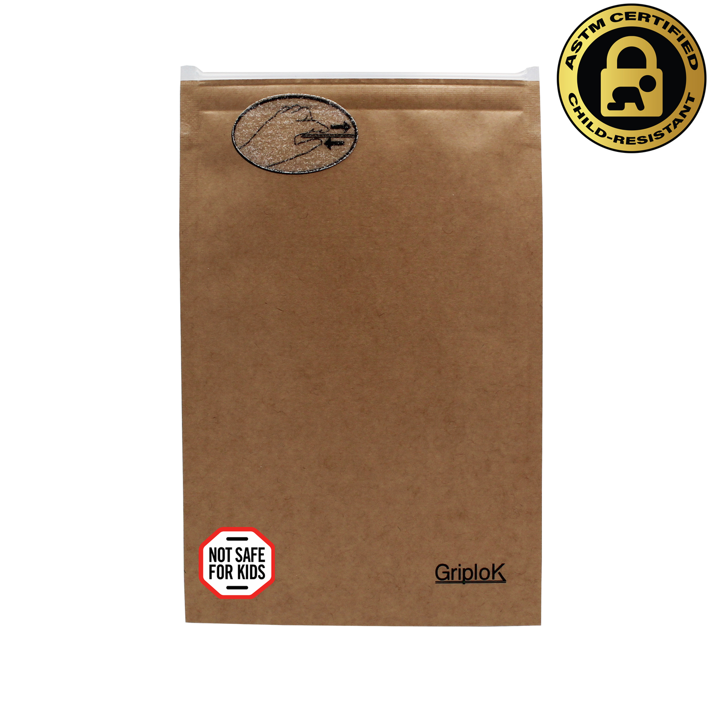 Maine & Massachusetts "Not Safe For Kids" THC Sticker/Label Warning Symbol on a 3.5g Kraft GriploK Dispensary Mylar Bag