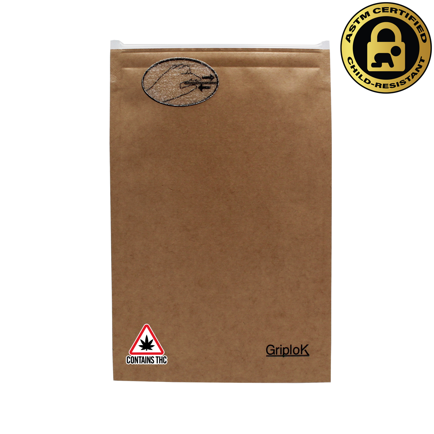 Maine & Massachusetts THC Sticker/Label Warning Symbol on a 3.5g Kraft GriploK Dispensary Mylar Bag