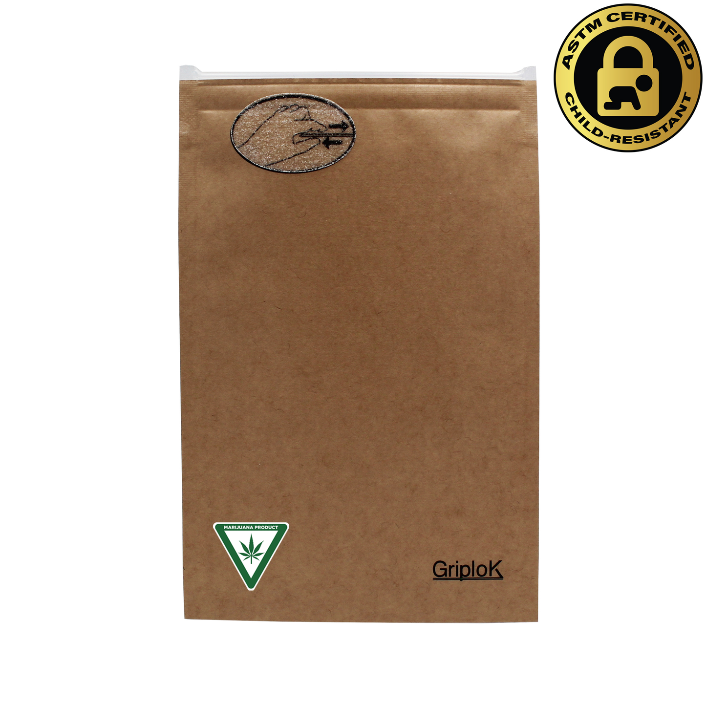 Michigan THC Sticker/Label Warning Symbol on a 3.5g Kraft GriploK Dispensary Mylar Bag