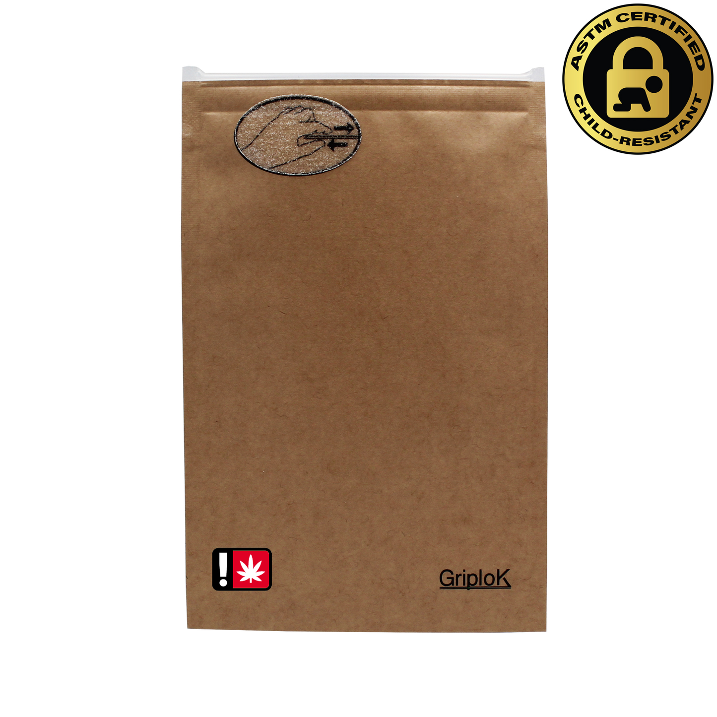Oregon THC Sticker/Label Warning Symbol on a 3.5g Kraft GriploK Dispensary Mylar Bag