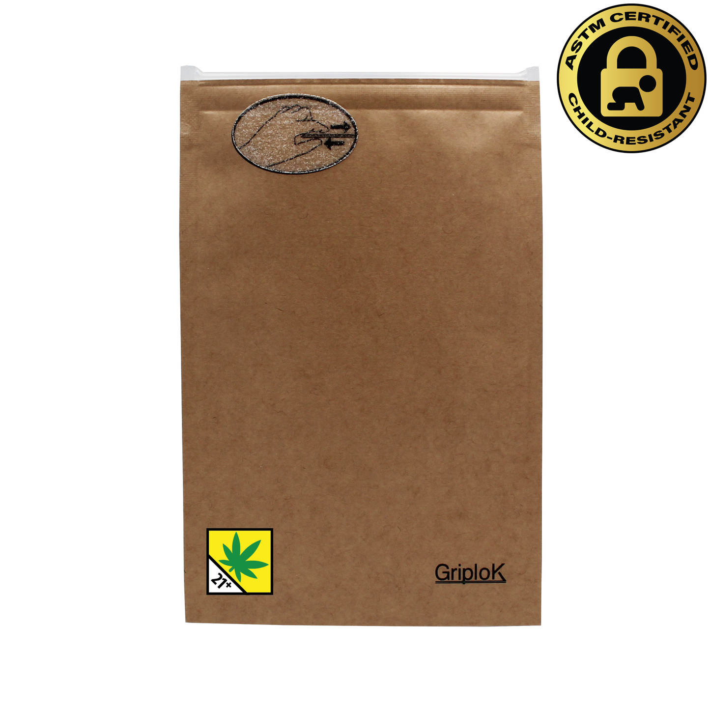 Washington THC Sticker/Label Warning Symbol on a 3.5g Kraft GriploK Dispensary Mylar Bag