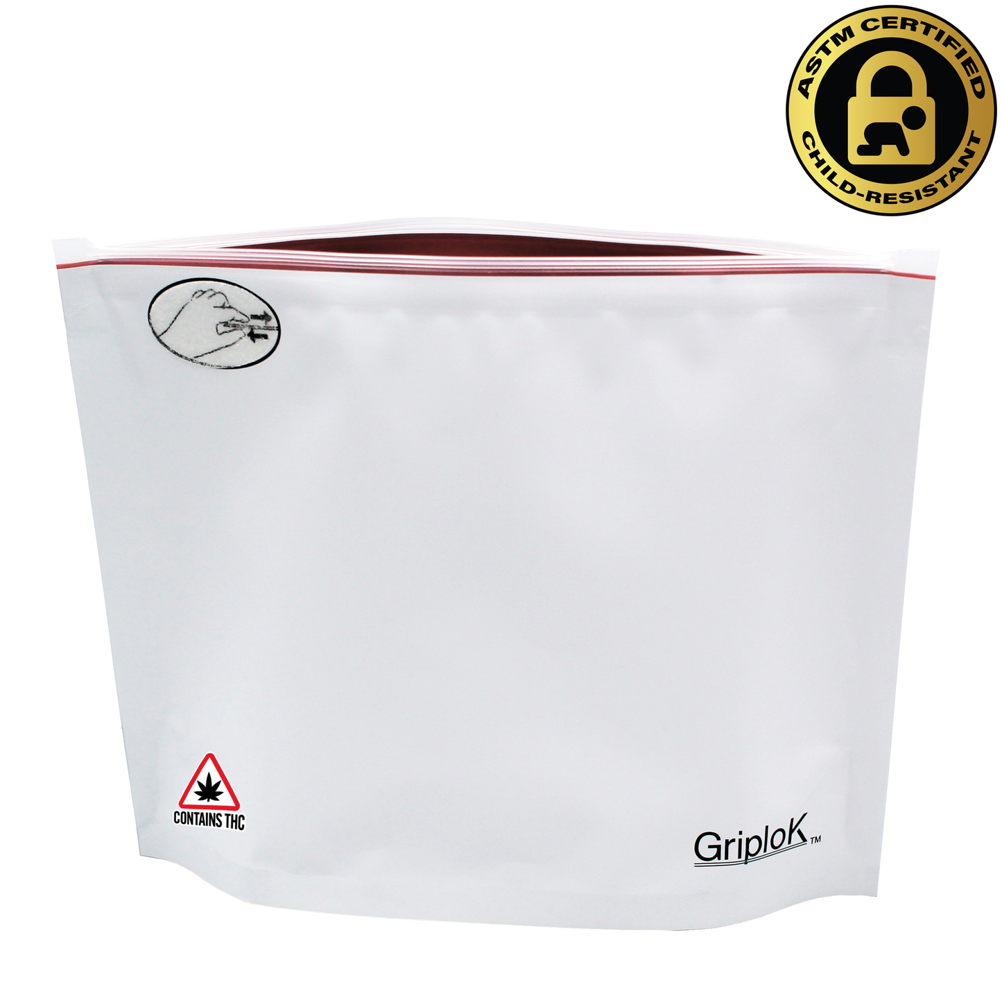 Maine & Massachusetts THC Sticker/Label Warning Symbol on an 8"x6"x3" White/Cherry Red Opaque Child-Resistant Mylar Dispensary Bag