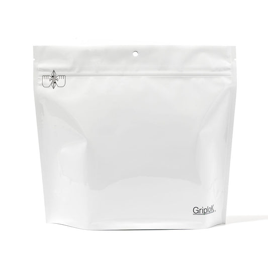 28g Glossy White Mylar Bag – CR Zipper with Hanger Hole - 800 Count ($0.38/unit) | 9” x 8” x 3” - Child Resistant