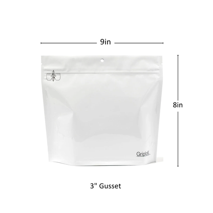 28g Glossy White Mylar Bag – CR Zipper with Hanger Hole - 800 Count ($0.38/unit) | 9” x 8” x 3” - Child Resistant