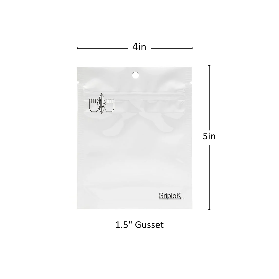 3.5g Glossy White Mylar Bag – CR Zipper with Hanger Hole - 2400 Count ($0.22/unit) | 4” x 5” x 1.5” - Child Resistant