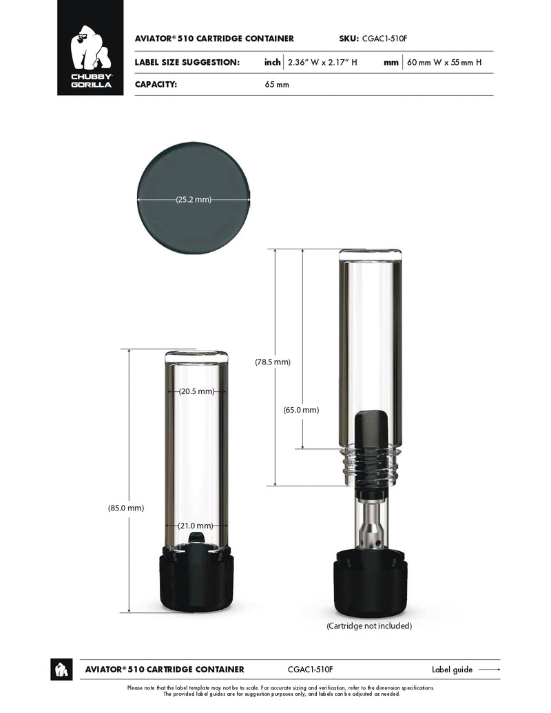 65mm Chubby Gorilla Aviator CR Cartridge Container, Flat Bottom w/ 510-thread & Tamper Evident Band - 500 Count ($0.375/Unit)