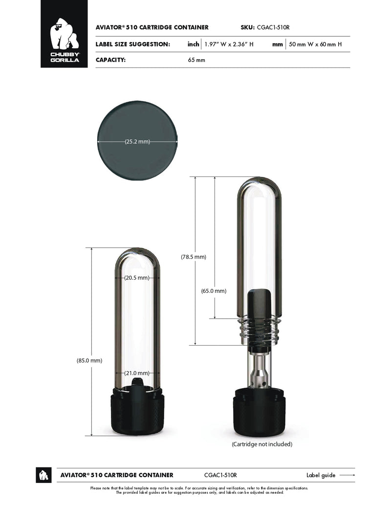 65mm Chubby Gorilla Aviator CR Cartridge Container, Round Top w/ 510-thread & Tamper Evident Band - 500 Count ($0.375/Unit)
