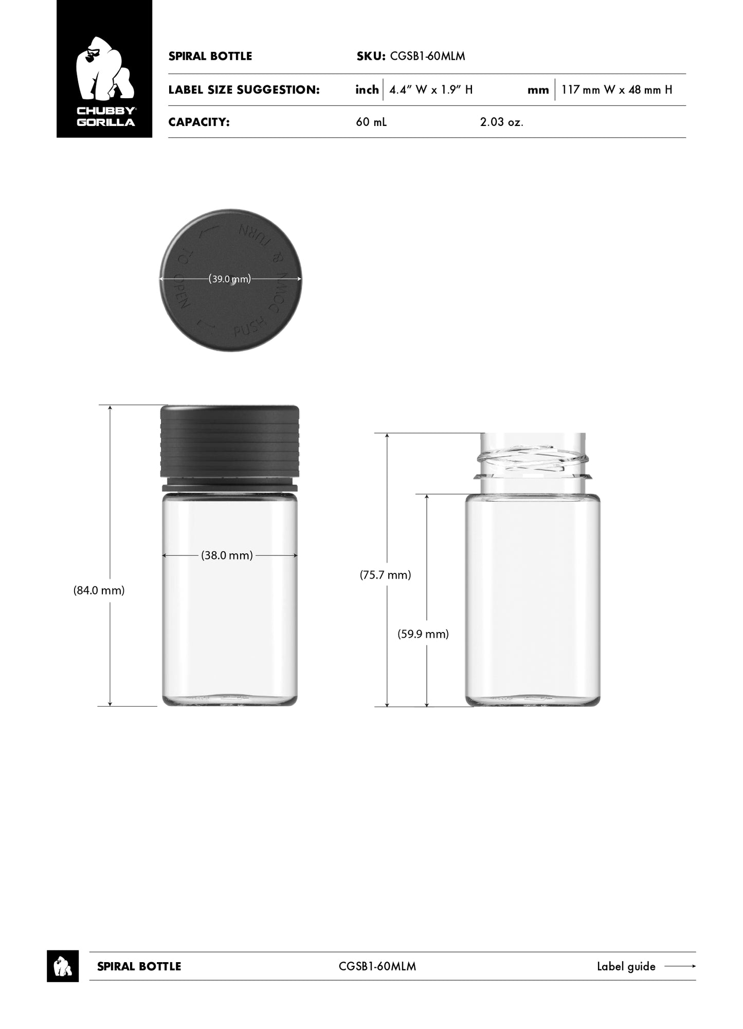 60ml Chubby Gorilla Mini Spiral CR Bottle w/ Inner Seal & Tamper Evident Break-Off Band - 500 Count ($0.5676/Unit)