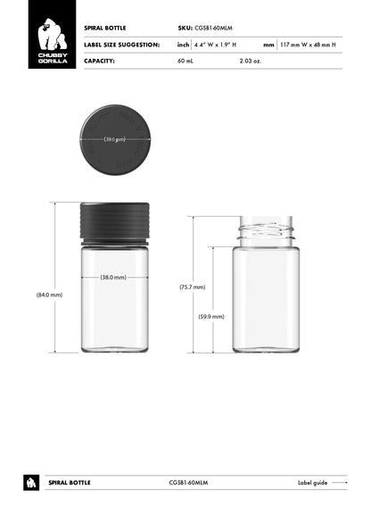 60ml Chubby Gorilla Mini Spiral CR Bottle w/ Inner Seal & Tamper Evident Break-Off Band - 500 Count ($0.5676/Unit)