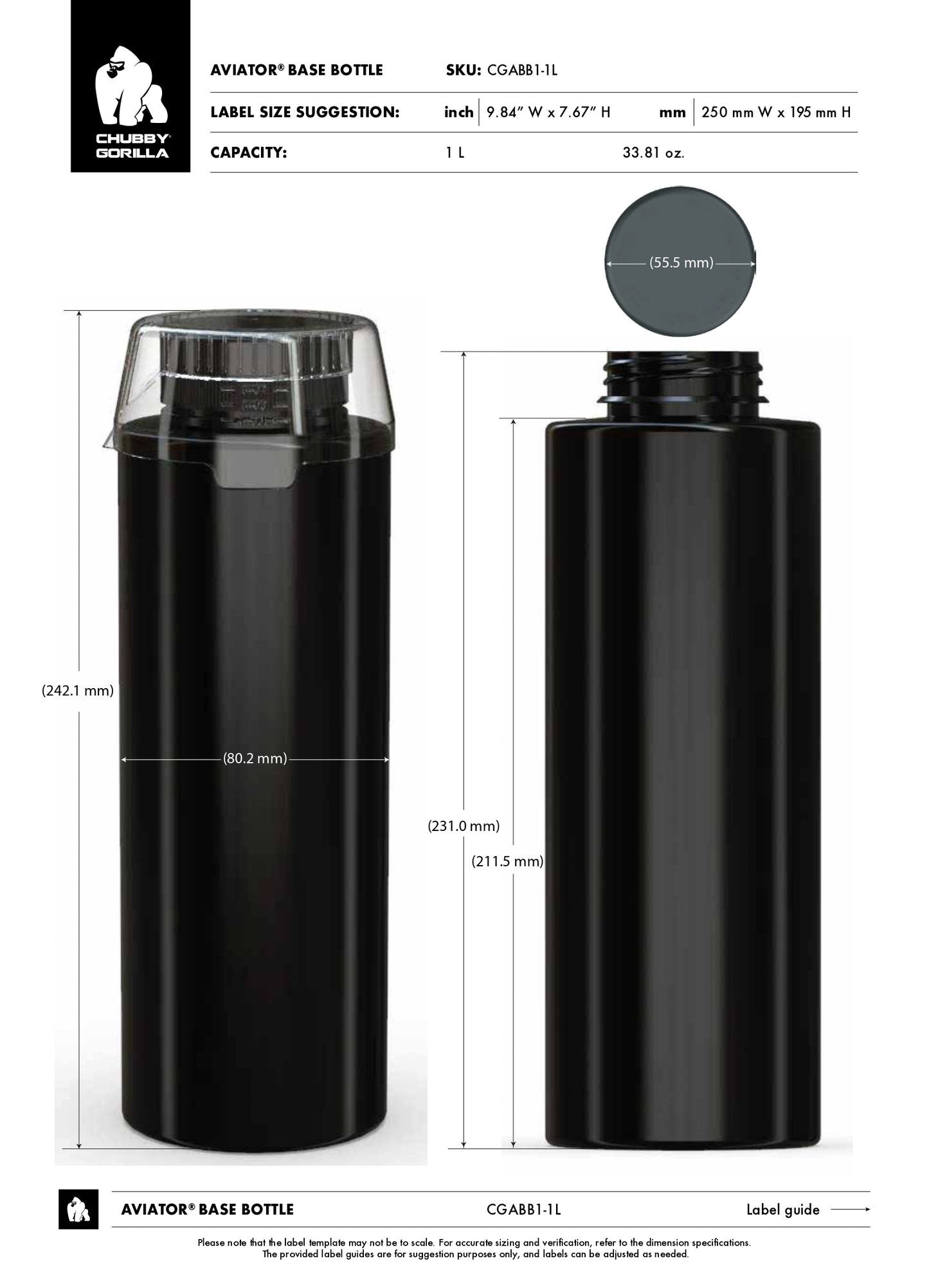1L Chubby Gorilla Aviator CR Base Bottle w/ Inner Seal, Tamper Evident Break-Off Band & Dosing Cup - 30 Count ($1.9589/Unit)