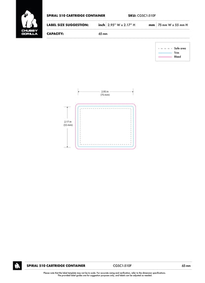 65mm Chubby Gorilla Spiral CR Cartridge Container, Flat Bottom w/ 510-Thread & Tamper Evident Band - 400 Count ($0.5064/Unit)