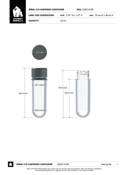 65mm Chubby Gorilla Spiral CR Cartridge Container, Round Top w/ 510-Thread & Tamper Evident Band - 400 Count ($0.5064/Unit)