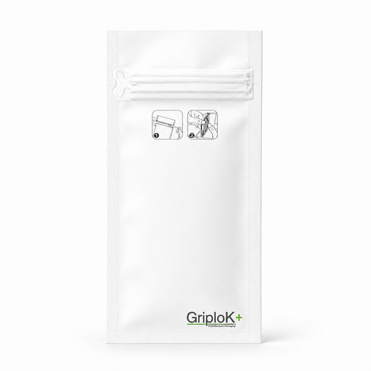 GriploK + Tamper-Evident CR Tab Bag with 30% PCR - 3" x 7.2", Matte White - 2000 count ($0.23/unit)