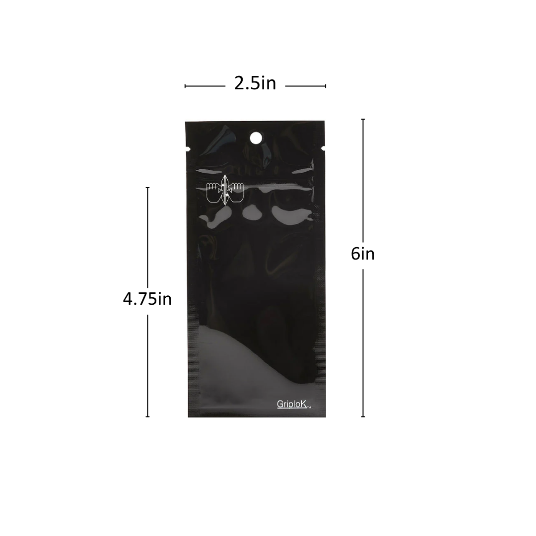 Glossy Black Mylar Vape Bag – CR Zipper with Hanger Hole - 3800 Count ($0.16/unit) | 2.5"x6" - Child Resistant