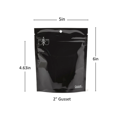 7g Glossy Black Mylar Bag – CR Zipper with Hanger Hole - 2000 Count ($0.27/unit) | 5” x 6” x 2” - Child Resistant