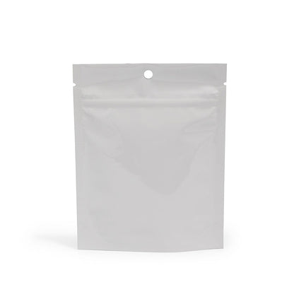 7g Glossy White Mylar Bag – CR Zipper with Hanger Hole - 2000 Count ($0.27/unit) | 5” x 6” x 2” - Child Resistant
