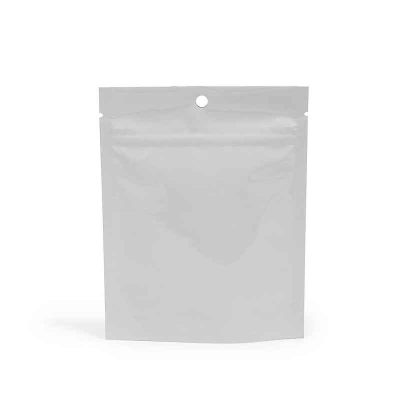 7g Glossy White Mylar Bag – CR Zipper with Hanger Hole - 2000 Count ($0.27/unit) | 5” x 6” x 2” - Child Resistant