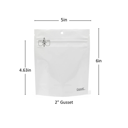 7g Glossy White Mylar Bag – CR Zipper with Hanger Hole - 2000 Count ($0.27/unit) | 5” x 6” x 2” - Child Resistant