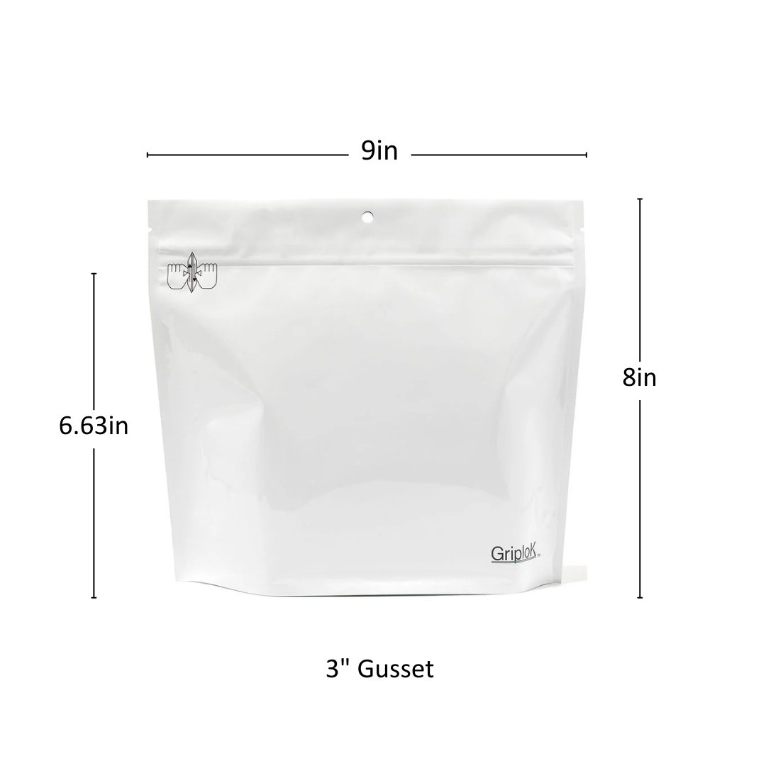 28g Glossy White Mylar Bag – CR Zipper with Hanger Hole - 800 Count ($0.38/unit) | 9” x 8” x 3” - Child Resistant