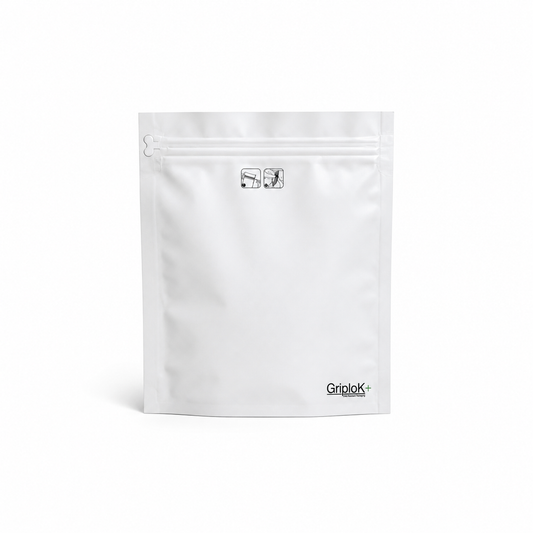 GriploK + Tamper-Evident CR Tab Bag with 30% PCR – 7.5" x 9", Matte White - 1000 count ($0.33/unit)