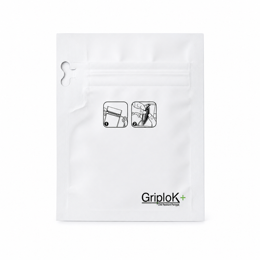 GriploK + Tamper-Evident CR Tab Bag with 30% PCR - 3.62" x 4.5" X 1.5", Matte White - 2000 count ($0.19/unit)