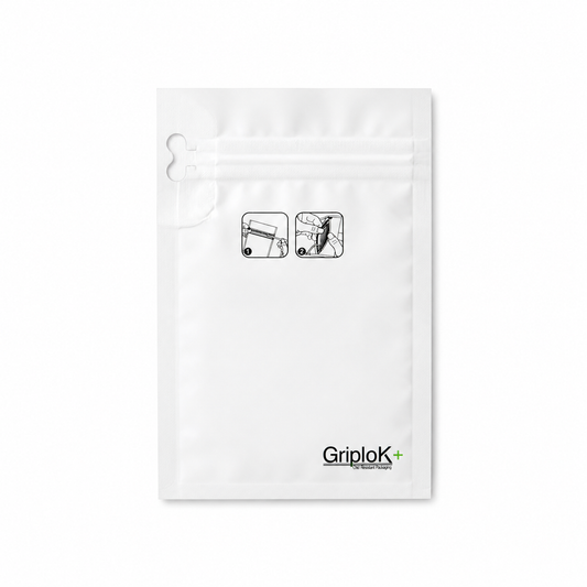 GriploK + Tamper-Evident CR Tab Bag with 30% PCR - 3.62" x 5.85" x 1.8", Matte White - 2000 count ($0.20/unit)