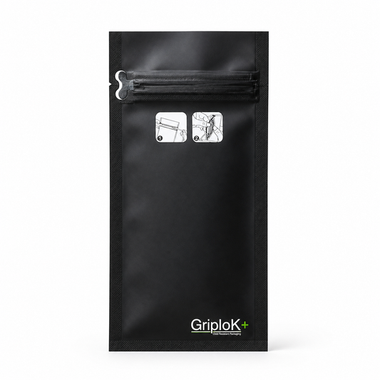 GriploK + Tamper-Evident CR Tab Bag with 30% PCR - 3" x 7.2", Matte Black - 2000 count ($0.23/unit)