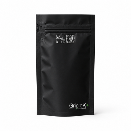 GriploK + Tamper-Evident CR Tab Bag with 30% PCR – 4" x 7.12" x 1.9", Gusseted, Matte Black - 1000 count ($0.23/unit)