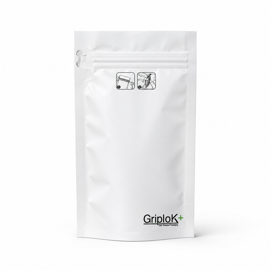 GriploK + Tamper-Evident CR Tab Bag with 30% PCR – 4" x 7.12" x 1.9", Gusseted, Matte White - 1000 count ($0.23/unit)
